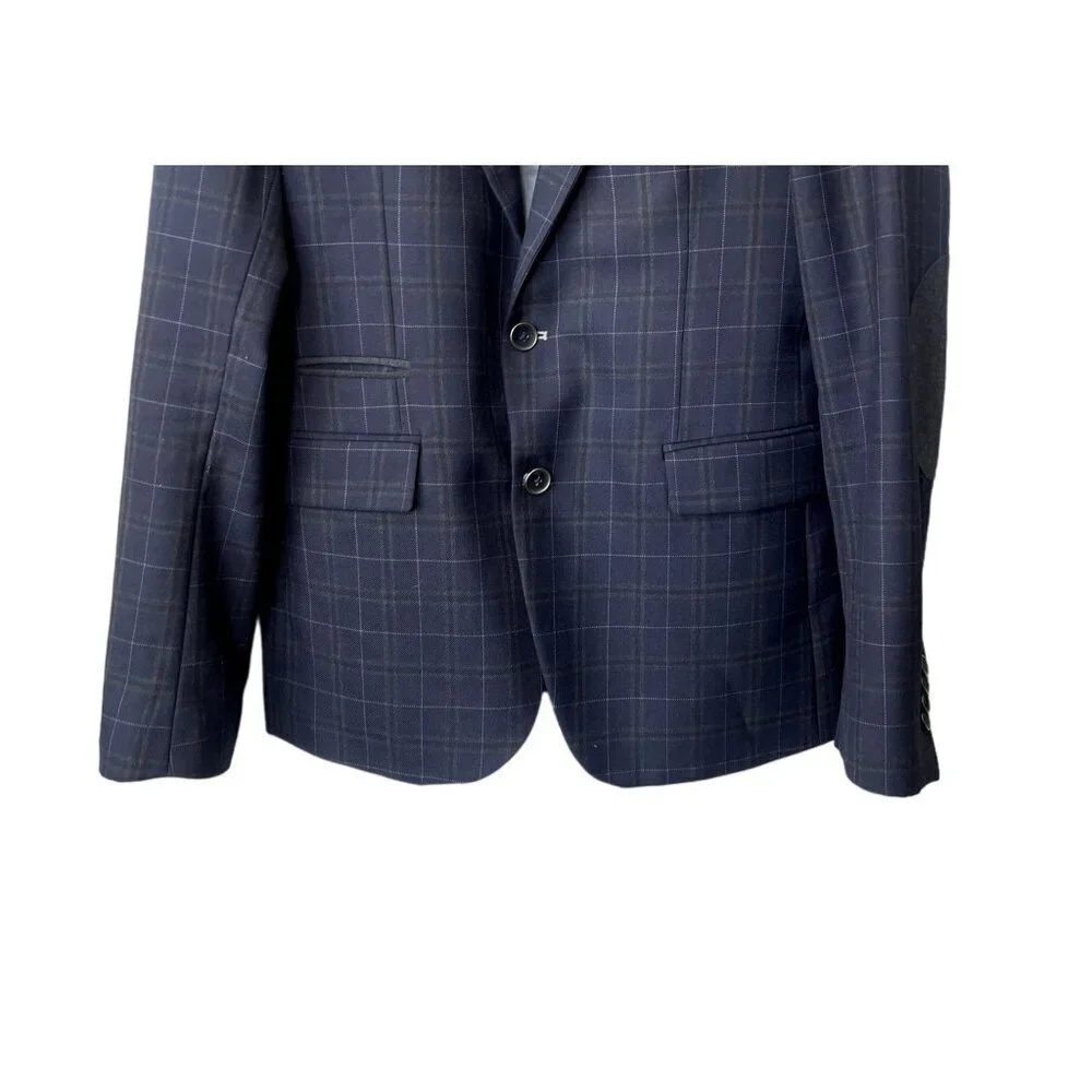 Zara Mens Blazer Size 40 Navy Blue Plaid Wool Blend Button‎ Front